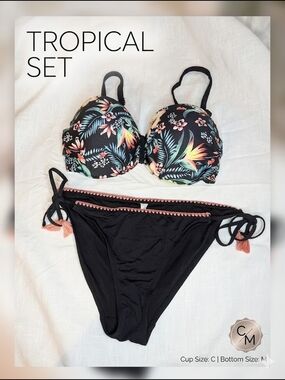 Garage Black Tropical Print Push-Up Bikini Set